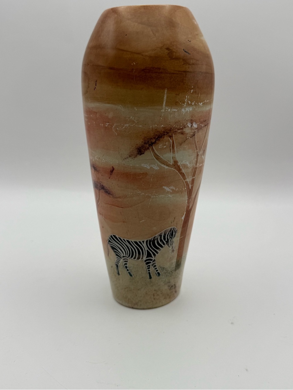 Hand Carved Kenya Soapstone Vase Zebra Safari Art Decor African Stone Vase